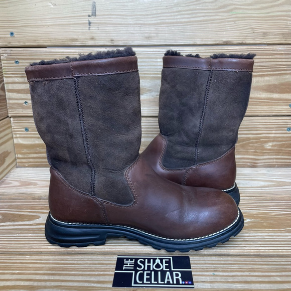 UGG Australia Womens Brooks Winter Boots Brown Sheepskin Mid Calf Pull On 7 - Picture 3 of 9